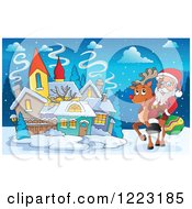 Poster, Art Print Of Santa Claus Riding A Reindeer By A Village