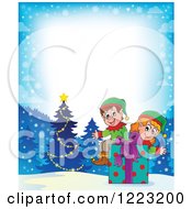 Poster, Art Print Of Winter Border With Christmas Elves Sitting On A Present In The Snow
