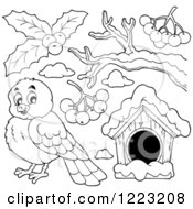 Clipart Of An Outlined Cute Robin Bird With Snow Berries A Branch And House Royalty Free Vector Illustration by visekart