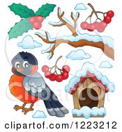 Clipart Of A Cute Robin Bird With Snow Berries A Branch And House Royalty Free Vector Illustration