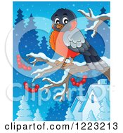 Poster, Art Print Of Cute Robin Bird Perched On A Branch With Berries Over A Winter Village
