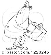 Clipart Of An Outlined Santa Wearing Pjs And Picking Up A Gift Royalty Free Vector Illustration