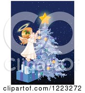 Cute Little Angel Girl Stepping On Gifts And Decorating A Christmas Tree Over Blue With Snow