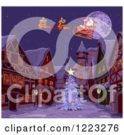 Poster, Art Print Of Cute Reindeer And Santa Flying Over A Christmas Village At Night