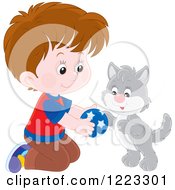 Poster, Art Print Of Happy Gray Kitten And Boy Playing With A Ball