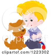 Poster, Art Print Of Happy Blond Boy Kneeling And Petting A Puppy