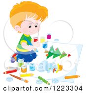 Poster, Art Print Of Happy Blond Boy Kneeling And Painting A Christmas Tree And Snowman
