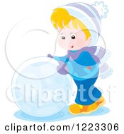 Happy Blond Boy Rolling A Giant Snowball