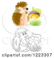 Clipart Of An Outlined And Colored Happy Hedgehog By A Mushroom Royalty Free Illustration