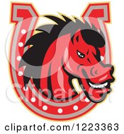 Clipart Of A Red Horse Grinning Through A Horseshoe Royalty Free Vector Illustration by patrimonio