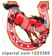 Clipart Of A Red Horse Jumping Over A Horseshoe Royalty Free Vector Illustration by patrimonio