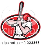 Clipart Of A Cartoon Baseball Player Batting In A Red Oval Royalty Free Vector Illustration
