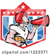 Poster, Art Print Of Cartoon American Football Player Holding A Ball And Using A Megaphone Over A Shield