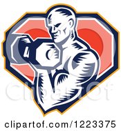 Retro Woodcut Male Bodybuilder Doing Bicep Curls With A Dumbbell Over A Shield
