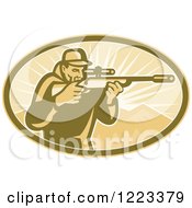 Poster, Art Print Of Retro Hunter Looking Through A Rifle Scope In An Oval Of Mountains And Rays