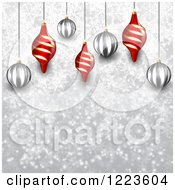 Clipart Of A Christmas Background Of Red And Silver Ornaments Over Gray With Snowflakes Royalty Free Vector Illustration