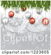 Clipart Of A Christmas Background Of Red And Silver Baubles And Branches Over Gray With Snowflakes Royalty Free Vector Illustration