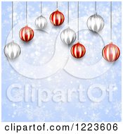 Poster, Art Print Of Christmas Background Of Red And Silver Baubles Over Blue With Snowflakes