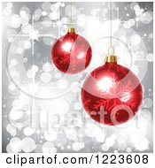 Clipart Of A Christmas Background Of Red Baubles Over Gray With Snowflakes Royalty Free Vector Illustration