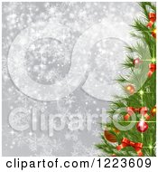 Clipart Of A Sparkling Christmas Tree Over Gray With Snowflakes Royalty Free Vector Illustration