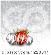 Clipart Of A Christmas Background Of Baubles With A Bow Over Gray With Snowflakes Royalty Free Vector Illustration