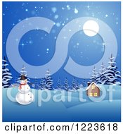 Clipart Of A Snowman And Winter Cabin On A Winter Night Royalty Free Vector Illustration
