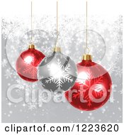 Poster, Art Print Of Christmas Background Of Red And Silver Baubles Over Gray With Snowflakes