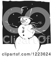 Clipart Of A Woodcut Snowman With A Top Hat In Black And White Royalty Free Vector Illustration