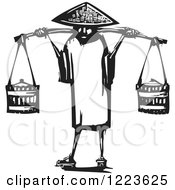 Clipart Of A Woodcut Chinese Peasant Fetching Water In Black And White Royalty Free Vector Illustration