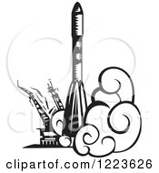 Clipart Of A Woodcut Russian Soyuz Rocket Launching In Black And White Royalty Free Vector Illustration by xunantunich