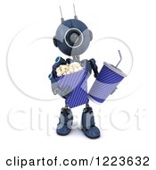 Poster, Art Print Of 3d Blue Android Robot Carrying Movie Popcorn And Soda