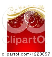 Poster, Art Print Of Red And White Christmas Background With Golden Curly Waves And Snowflakes