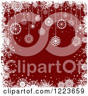 Clipart Of A Dark Red Background With Suspended Christmas Snowflake Ornaments Royalty Free Vector Illustration