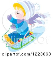 Poster, Art Print Of Blond Boy Sledding In The Snow