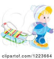 Poster, Art Print Of Blond Boy Pulling A Sled In The Snow