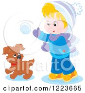Poster, Art Print Of Blond Boy And Puppy Playing In The Snow