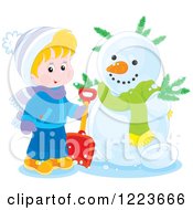 Poster, Art Print Of Blond Boy Holding A Shovel By A Snowman