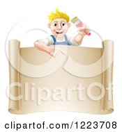 Poster, Art Print Of Happy Blond Male House Painter Holding A Brush And Pointing Over A Scroll Sign