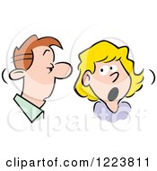 Poster, Art Print Of Man And Woman Talking Over Shocking Gossip