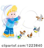 Happy Boy Feeding Birds In The Winter