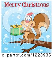 Poster, Art Print Of Merry Christmas Greeting Over A Squirrel Holding A Present And Snowflakes