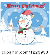 Poster, Art Print Of Merry Christmas Greeting Over A Cheerful Snowman On A Snowy Hill