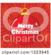 Clipart Of A Merry Christmas Bauble Ornament Over Red Snowflakes And Rays Royalty Free Vector Illustration