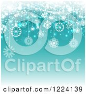 Clipart Of A Turquoise Christmas Background Of Haning Snowflakes And Bokeh Royalty Free Vector Illustration by KJ Pargeter