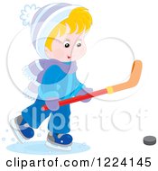 Poster, Art Print Of Blond Winter Boy Playing Ice Hockey