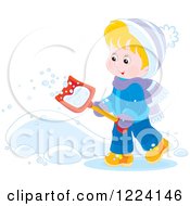 Blond Winter Boy Shoveling Snow
