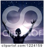 Clipart Of A Silhouetted Man In Worship Holding His Arms Up To A Purple Sky Over Mountains Royalty Free Vector Illustration by AtStockIllustration