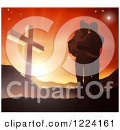 Clipart Of A Silhouetted Christian Family Huddling Near A Cross At Sunset Royalty Free Vector Illustration
