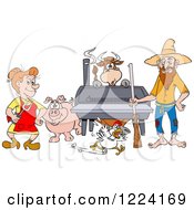Hillbilly Couple By A Bbq Smoker With A Cow Chicken And Pig