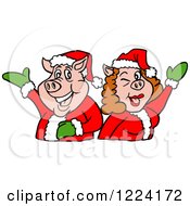 Clipart Of A Christmas Pig Couple Presenting Royalty Free Vector Illustration